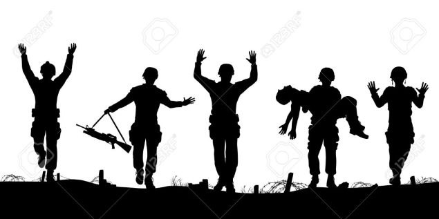 21783820-Editable-vector-silhouettes-of-a-troop-of-defeated-soldiers-surrendering-Stock-Vector