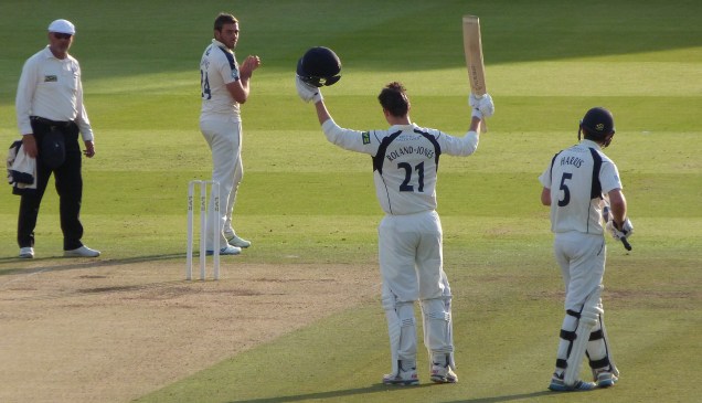Toby Roland-Jones celebrates his century